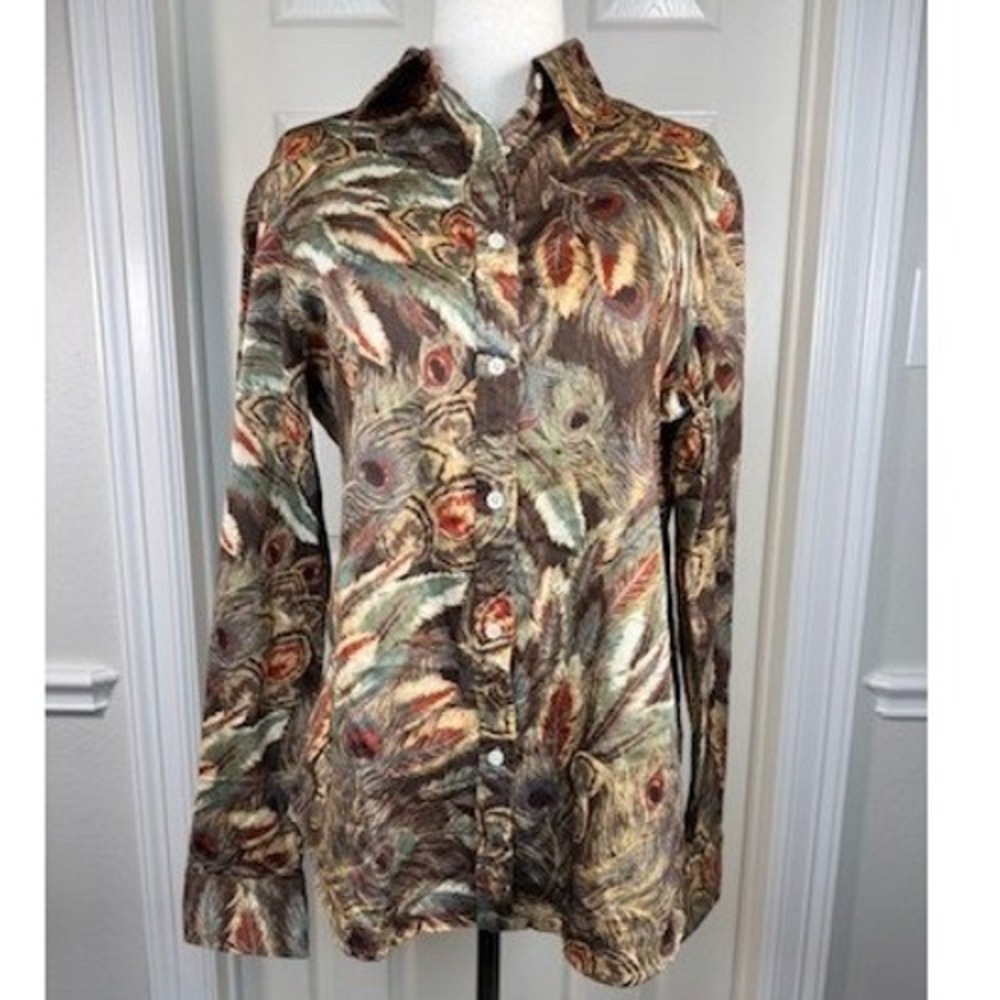 Lauren Ralph Lauren‎ Brown Peacock Feather Print Cotton Button Down Shirt L